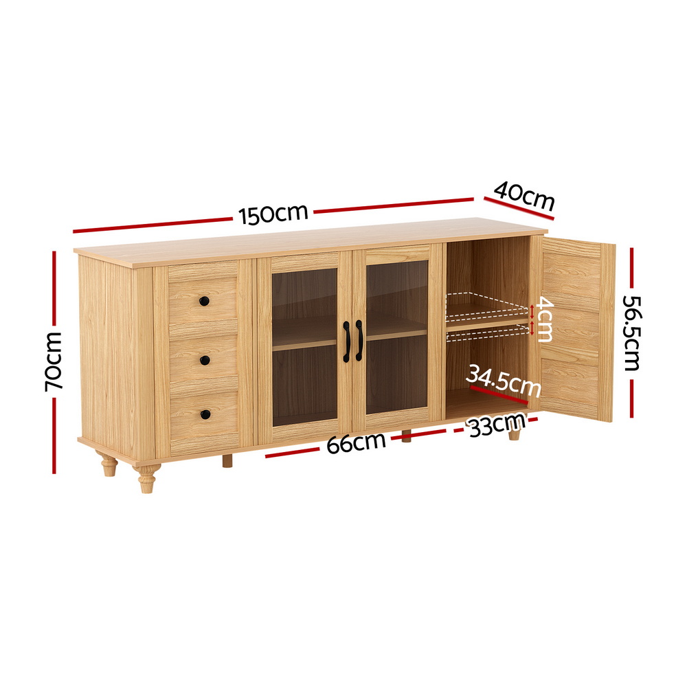 Artiss 150cm Buffet Sideboard with Glass Doors Pine view 3