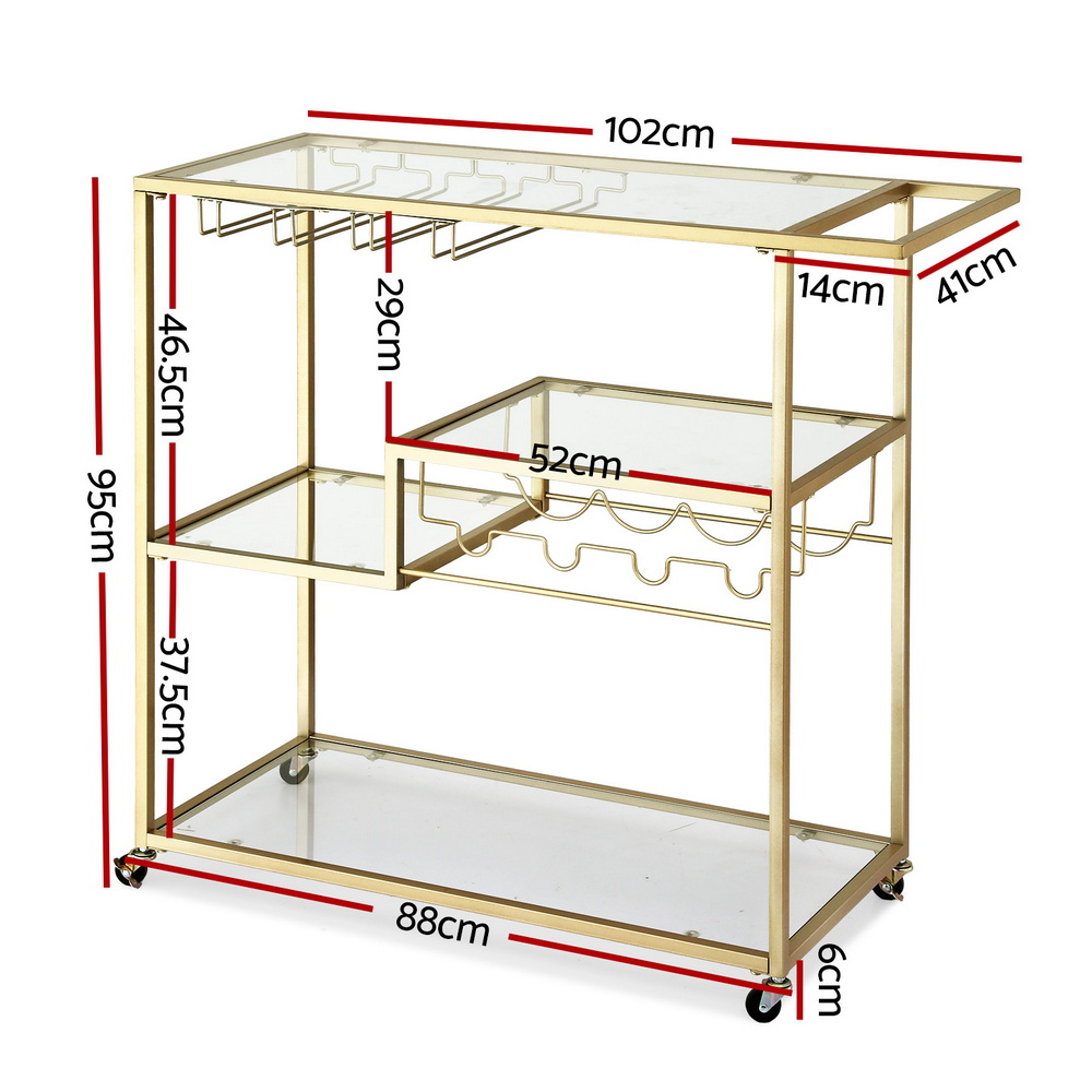 Artiss Bar Cart Drink Trolley Wine Rack Glass Gold 102cm view 3