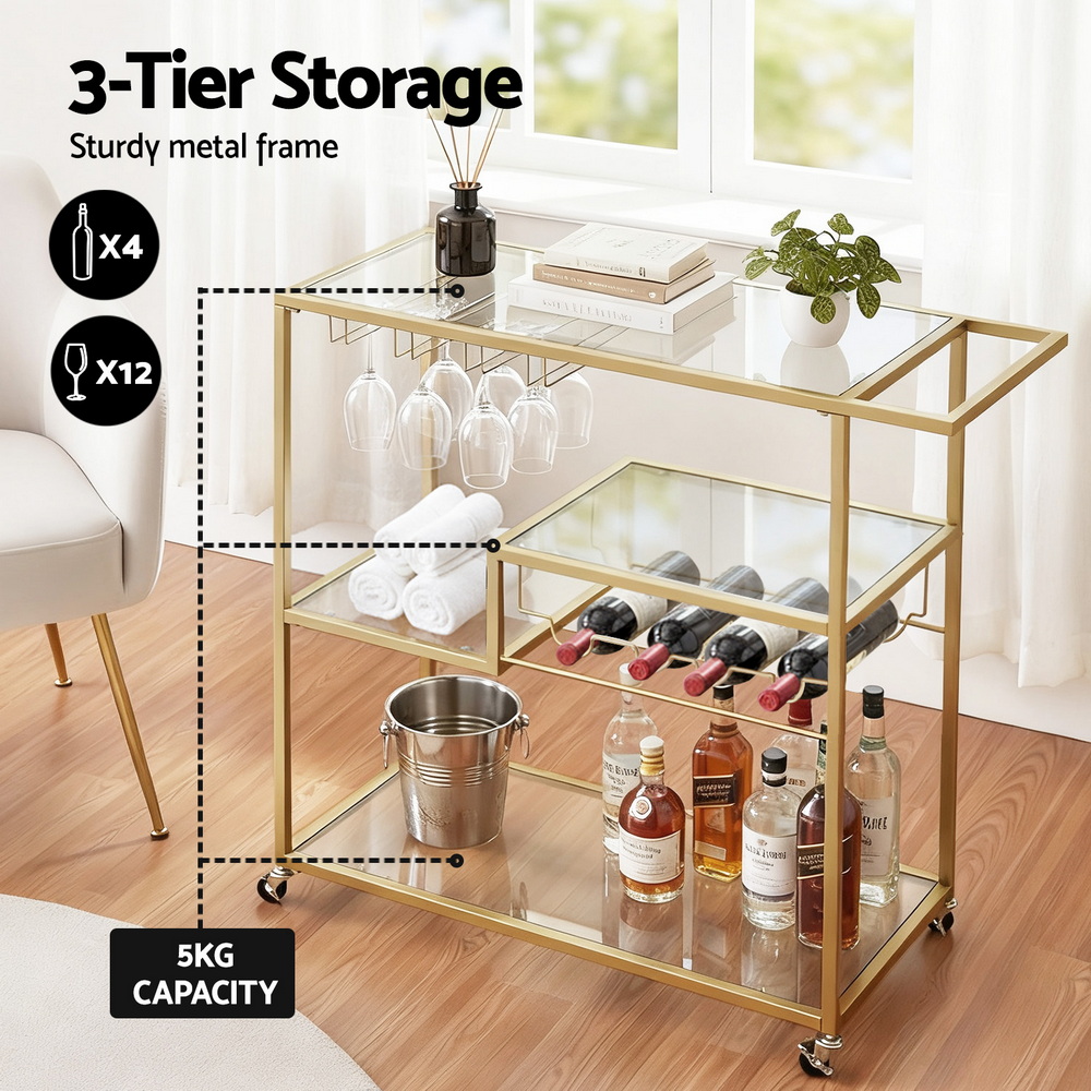 Artiss Bar Cart Drink Trolley Wine Rack Glass Gold 102cm view 5