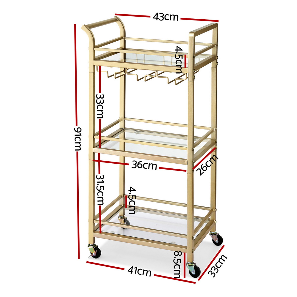 Artiss Gold Kitchen Island Cart with Wine Glass Rack 43cm view 3