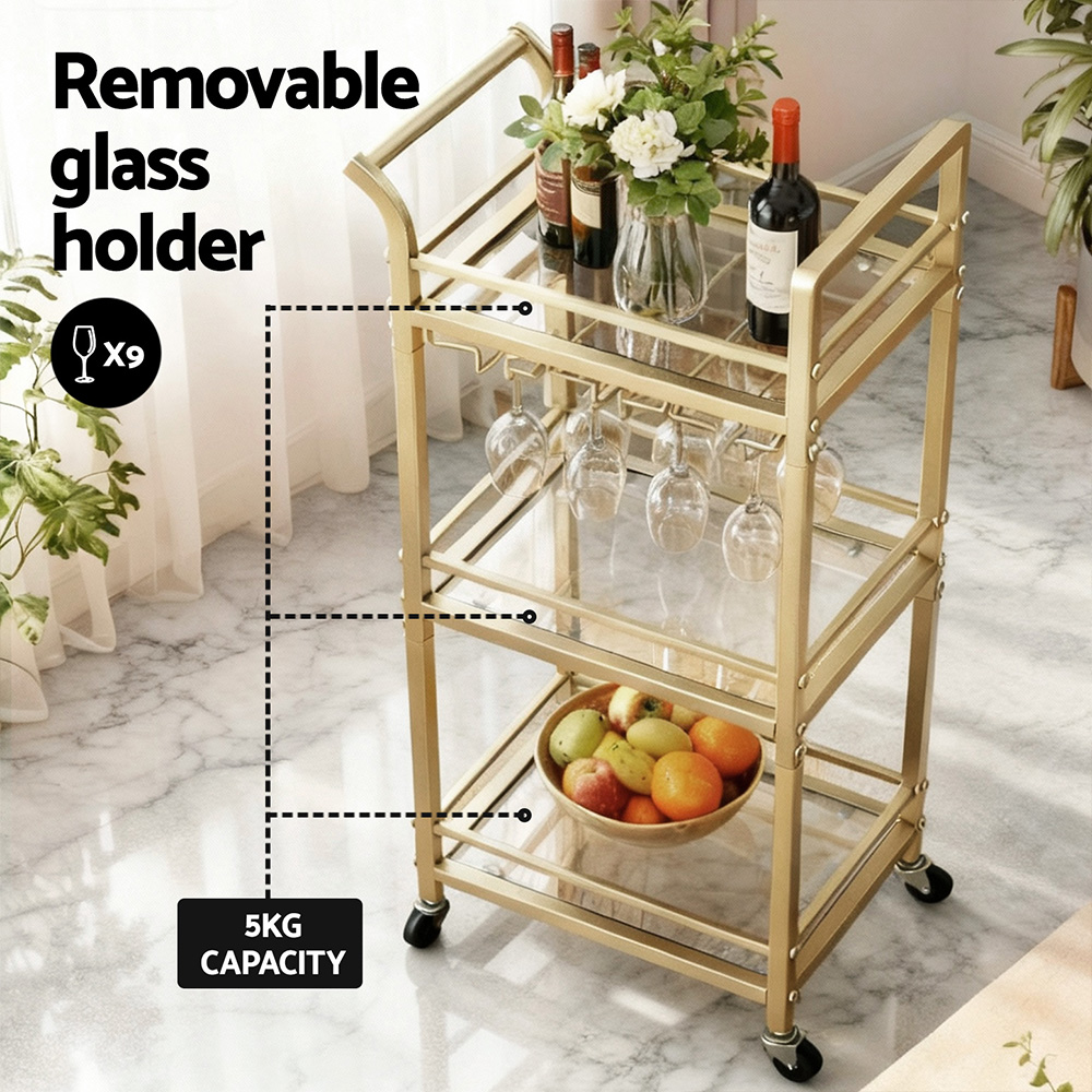 Artiss Gold Kitchen Island Cart with Wine Glass Rack 43cm view 5