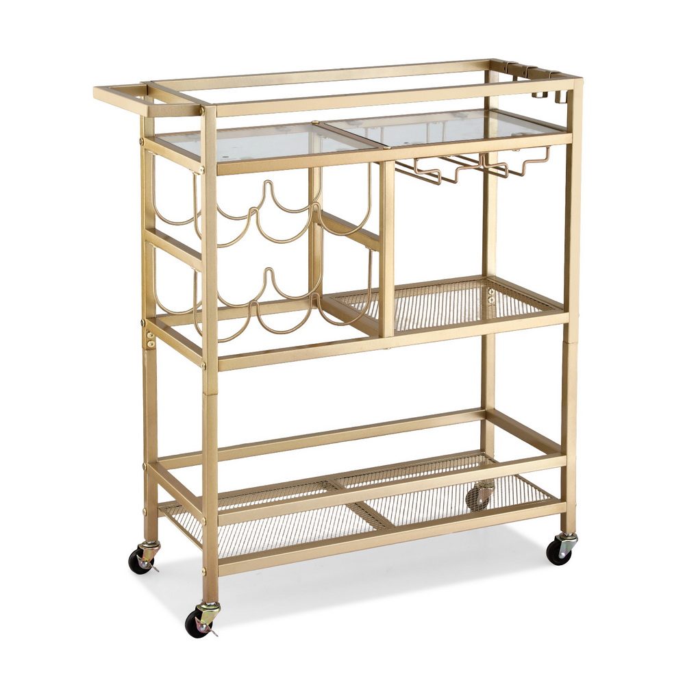 Artiss Bar Cart Drinks Trolley Wine Rack Glass Gold 72cm