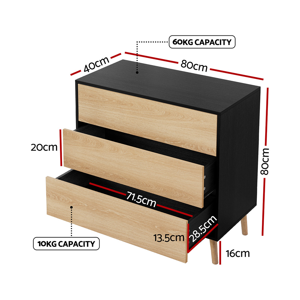 Artiss 3 Chest of Drawers Dresser, Black and Pine view 3