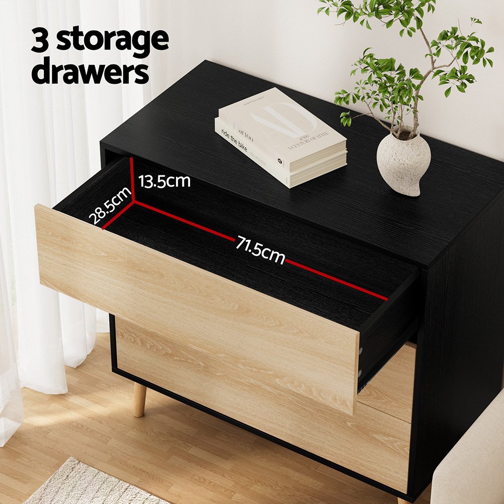 Artiss 3 Chest of Drawers Dresser, Black and Pine view 5