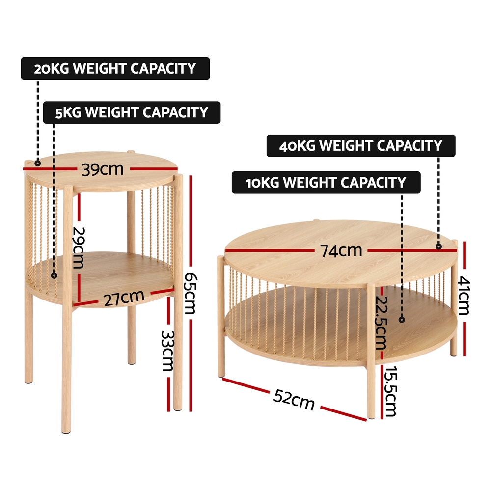 Artiss Round Coffee Table Set of 2 Wood view 2
