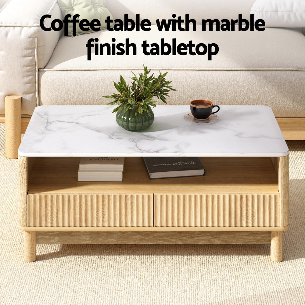 Artiss Marble Effect Coffee Table Wood and White view 5