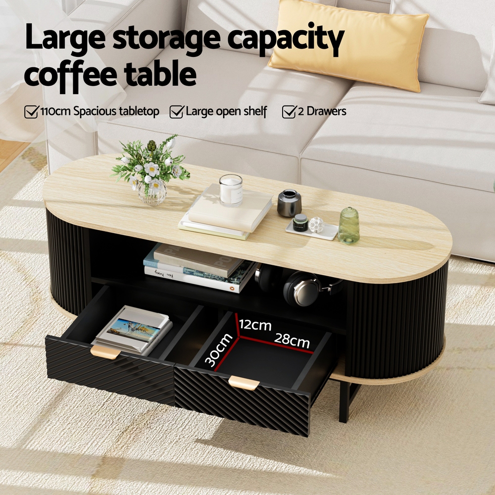 Artiss Coffee Table Drawer Shelf Wood and Black view 4