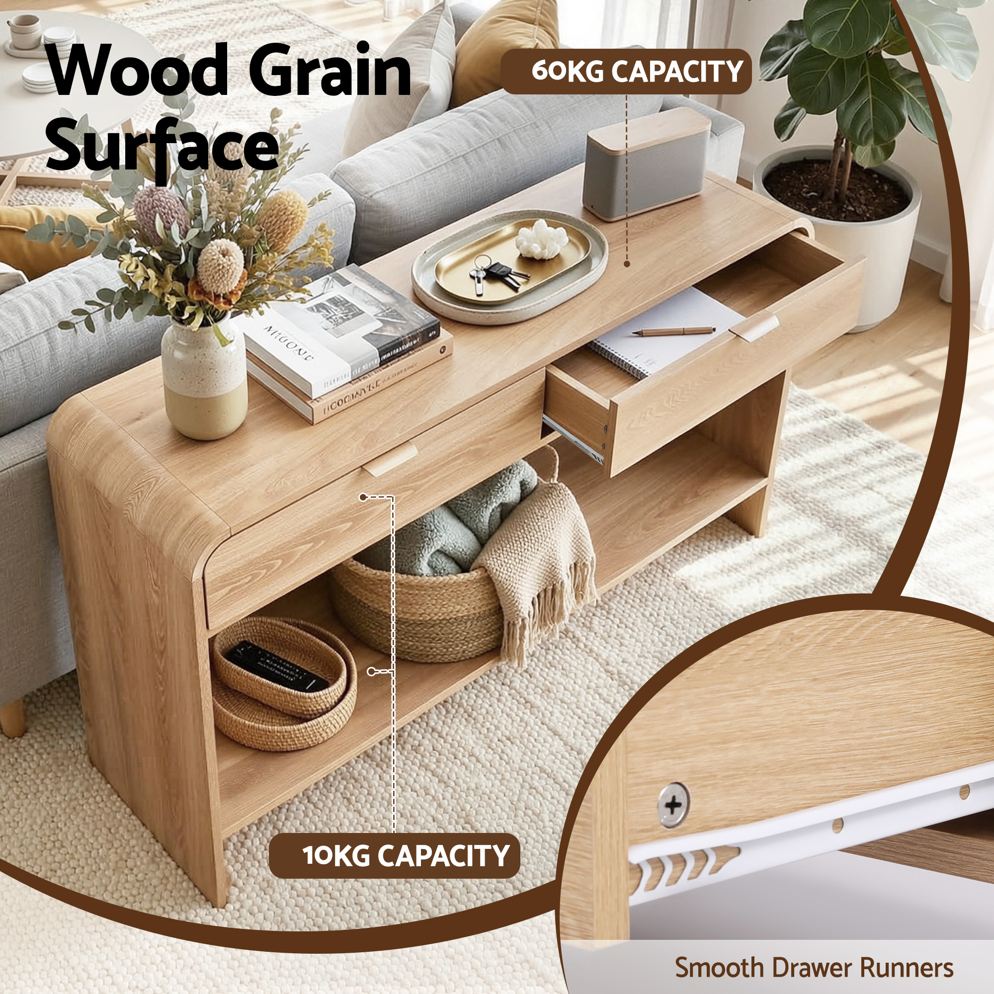 Artiss Pine Console Table with Curved Edge 120cm view 5