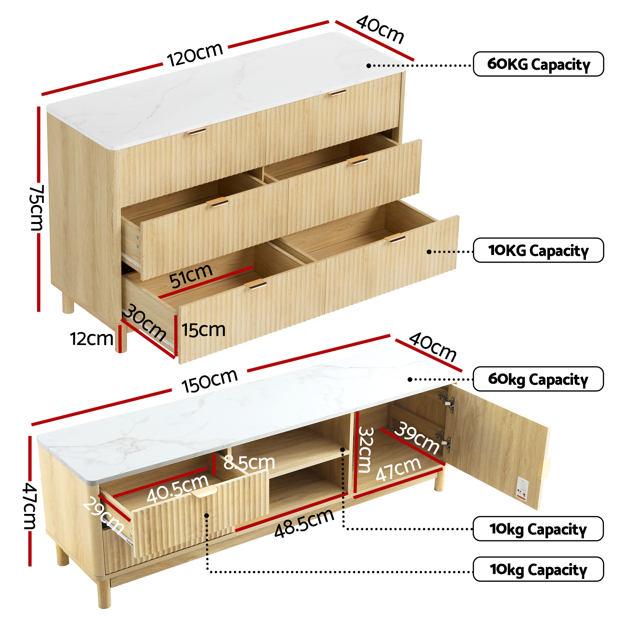 Artiss TV Unit and Chest of Drawers Set Pine Wood Legs view 3