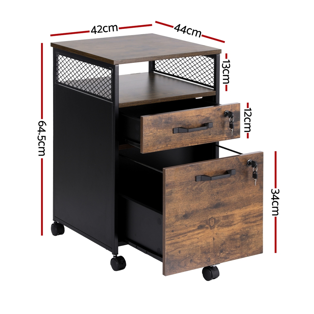 Artiss Filing Cabinet 2 Drawer with Wheels Rustic Brown view 3