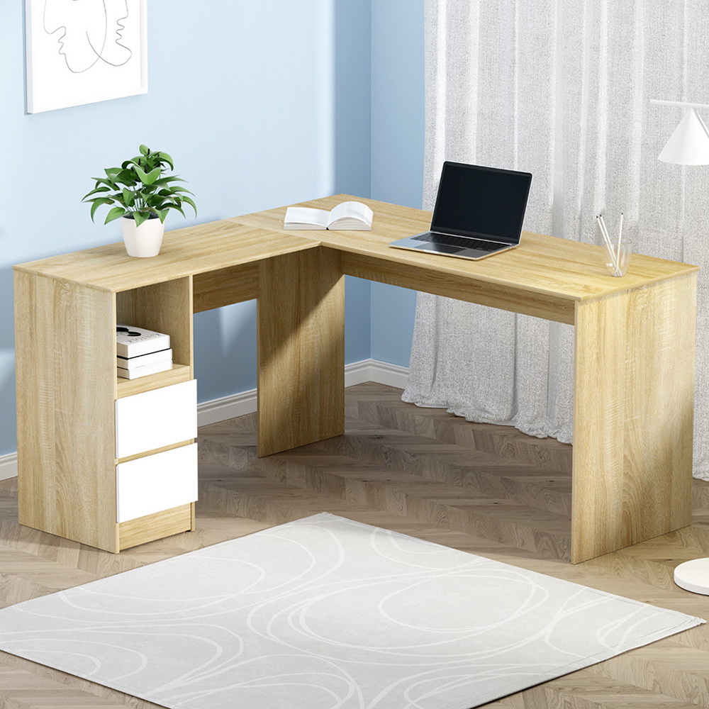 Artiss L-Shape Computer Desk Drawer Cabinet Oak 136cm