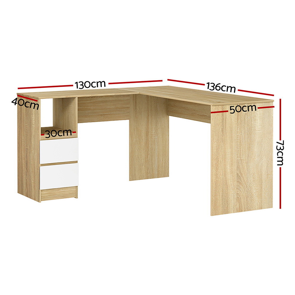 Artiss L-Shape Computer Desk Drawer Cabinet Oak 136cm view 2