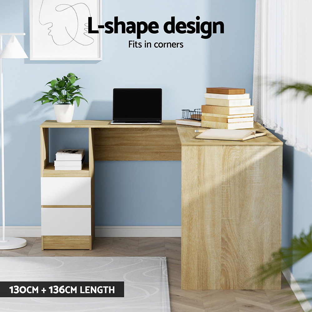 Artiss L-Shape Computer Desk Drawer Cabinet Oak 136cm view 4