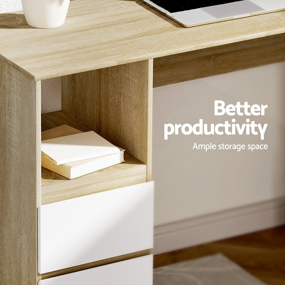 Artiss L-Shape Computer Desk Drawer Cabinet Oak 136cm view 5