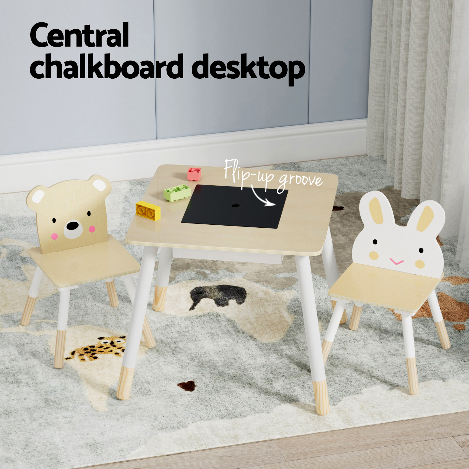 Keezi 3-Piece Kids Table and Chairs Set with Chalkboard view 4
