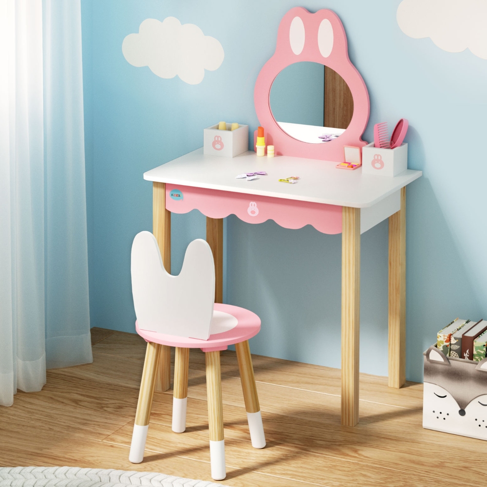 Keezi Bunny Ear Pink Wooden Dressing Table Set
