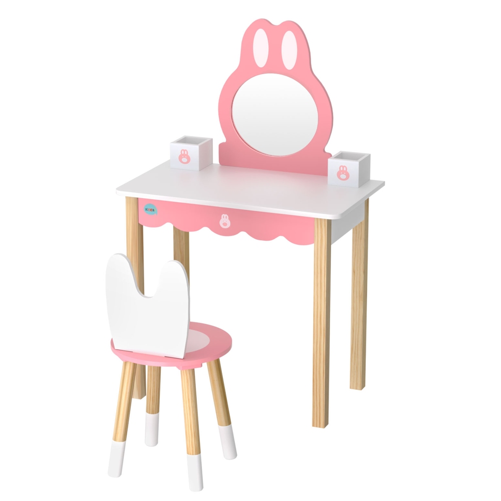 Keezi Bunny Ear Pink Wooden Dressing Table Set view 3