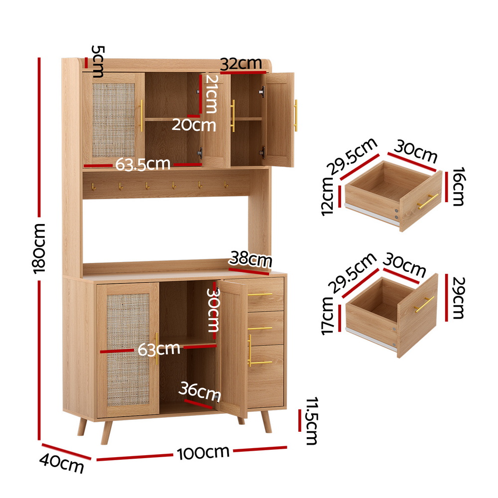 Artiss Rattan Buffet Sideboard, Hutch with Hooks view 3