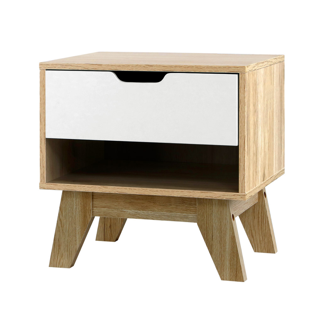 Artiss IKER Bedside Table with Drawer and Shelf, White & Oak
