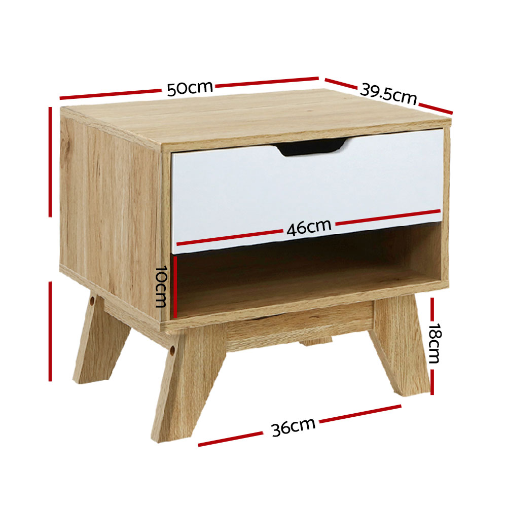 Artiss IKER Bedside Table with Drawer and Shelf, White & Oak view 2