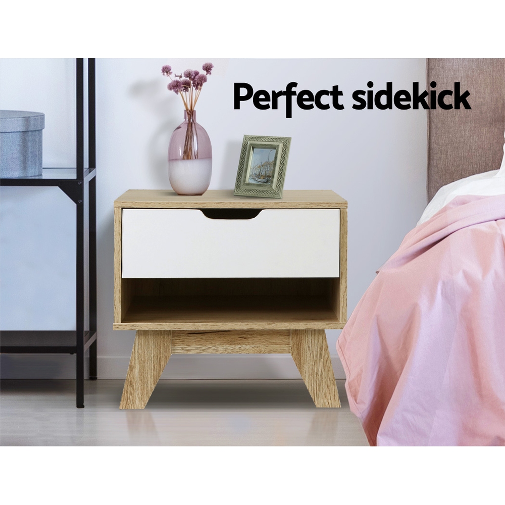 Artiss IKER Bedside Table with Drawer and Shelf, White & Oak view 3
