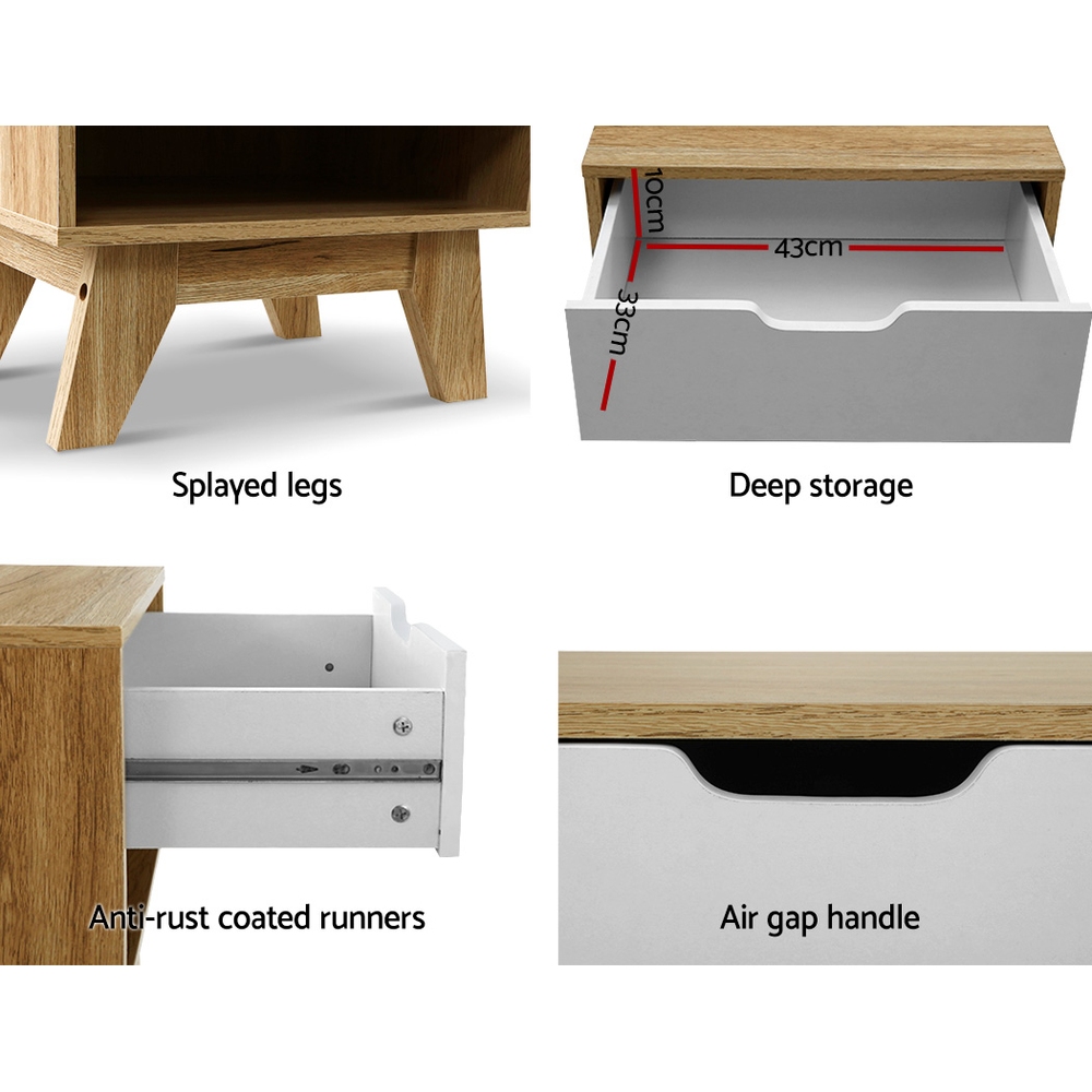 Artiss IKER Bedside Table with Drawer and Shelf, White & Oak view 4