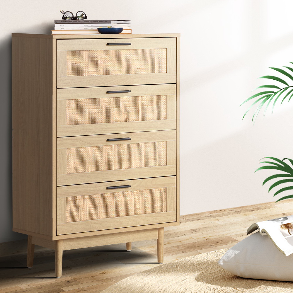 Artiss BRIONY 4 Chest of Drawers Rattan Tallboy, Pine