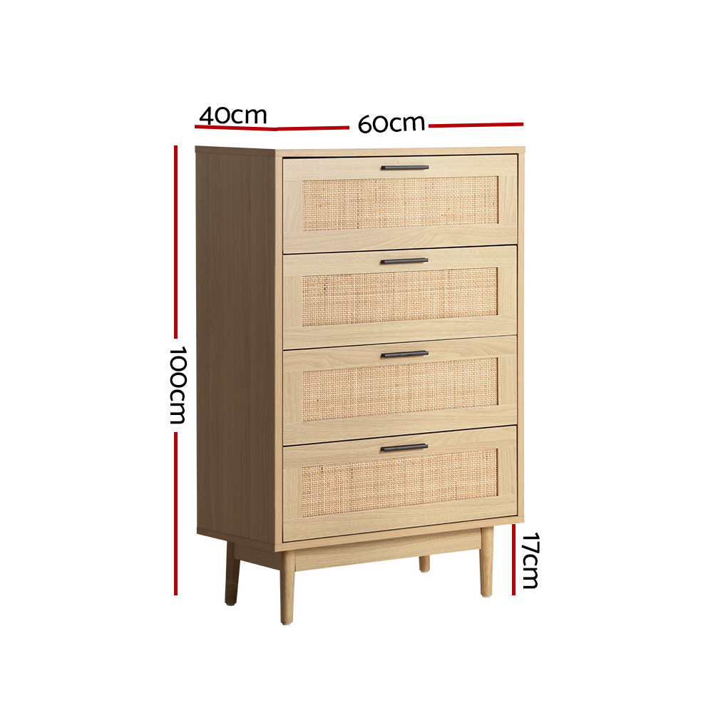 Artiss BRIONY 4 Chest of Drawers Rattan Tallboy, Pine view 4