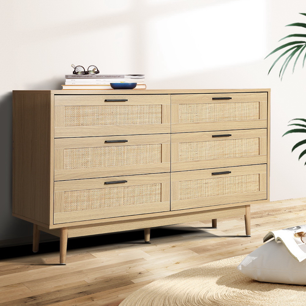 Artiss BRIONY 6 Chest of Drawers Rattan, Oak