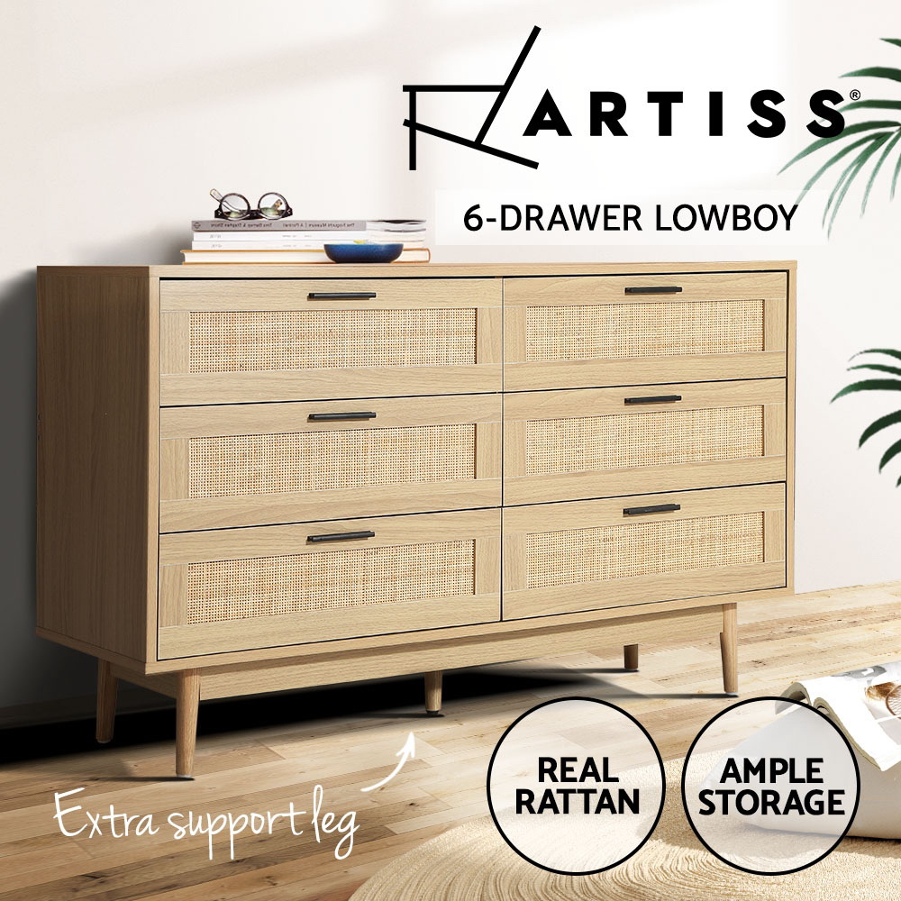 Artiss BRIONY 6 Chest of Drawers Rattan, Oak view 5