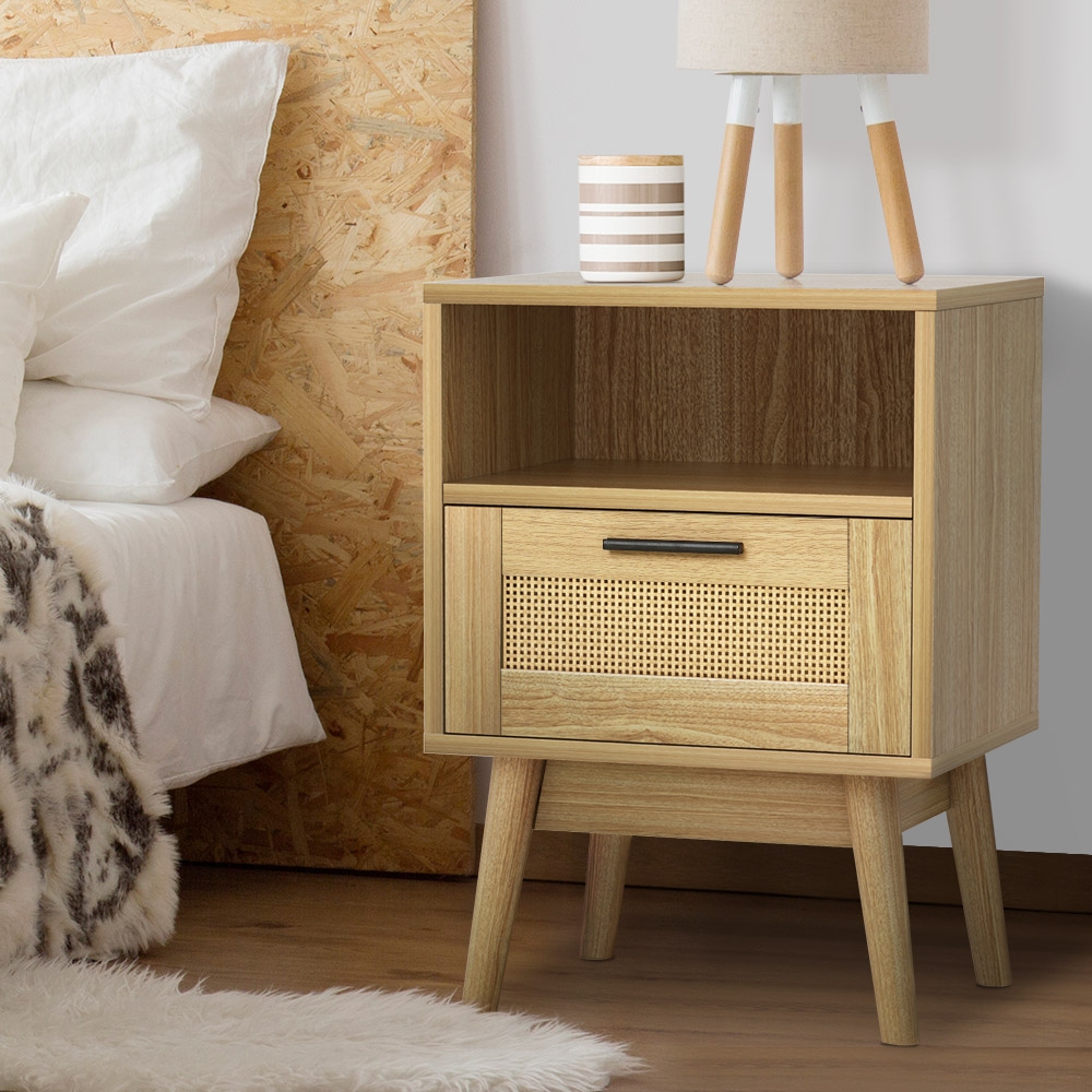 Artiss Rattan Bedside Table with Drawer and Shelf, Oak