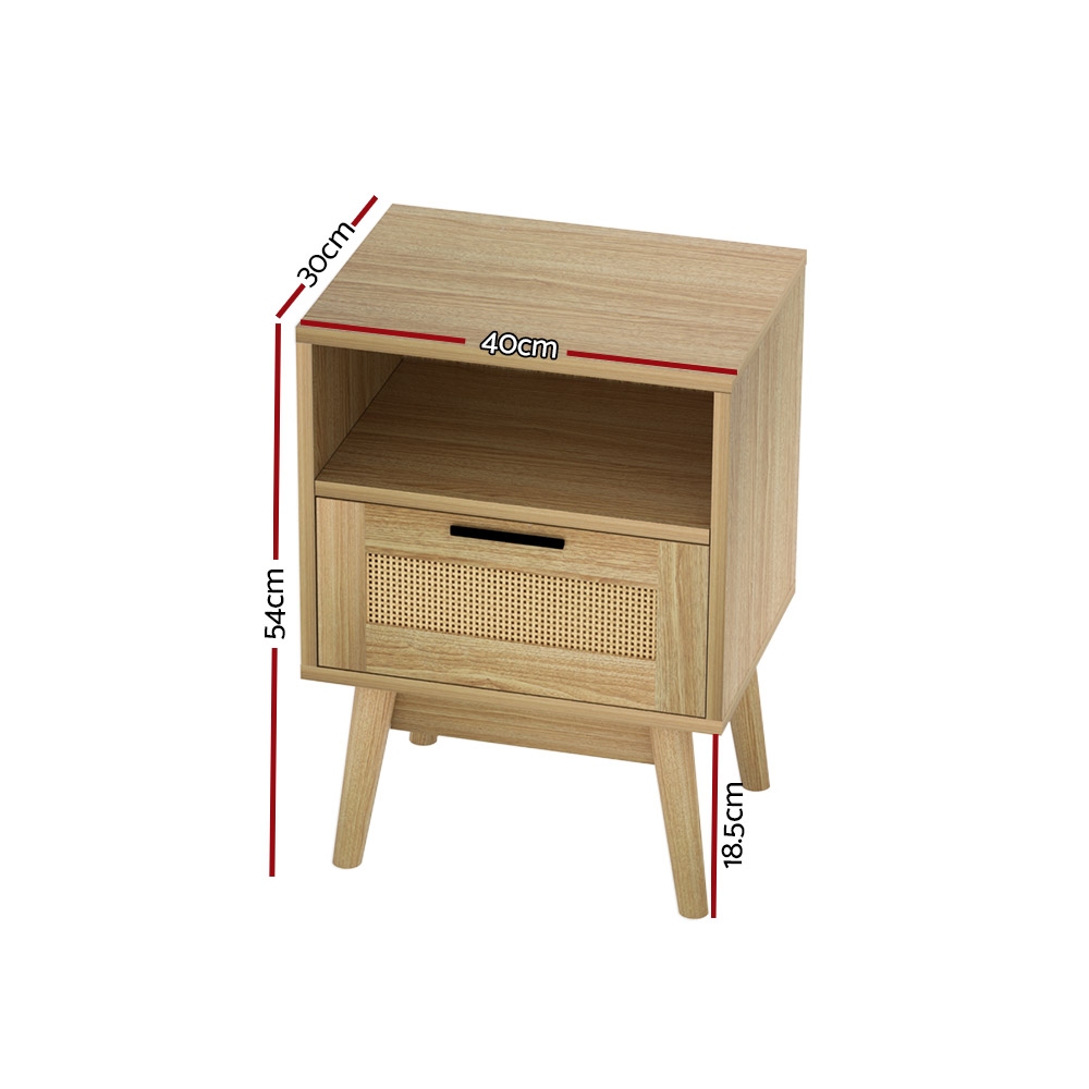 Artiss Rattan Bedside Table with Drawer and Shelf, Oak view 2