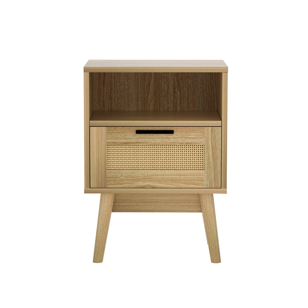 Artiss Rattan Bedside Table with Drawer and Shelf, Oak view 3