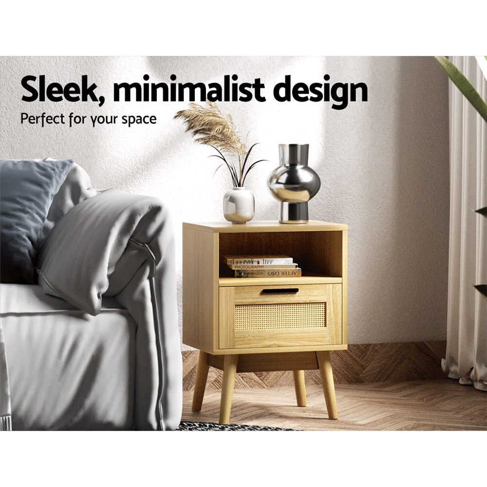 Artiss Rattan Bedside Table with Drawer and Shelf, Oak view 4