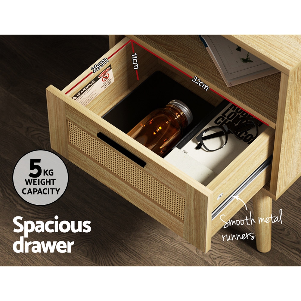 Artiss Rattan Bedside Table with Drawer and Shelf, Oak view 5