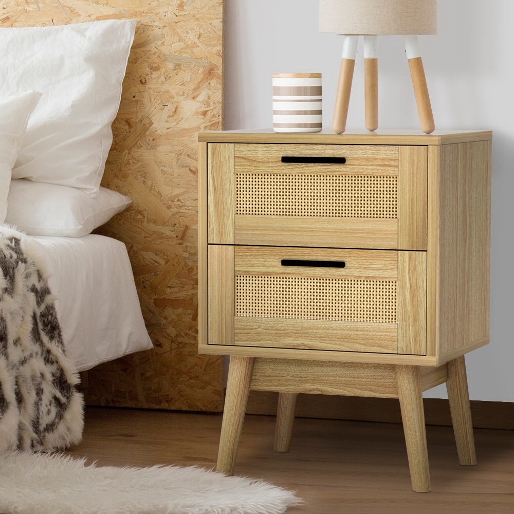 Artiss Rattan Bedside Table with 2 Wood Drawers, Oak