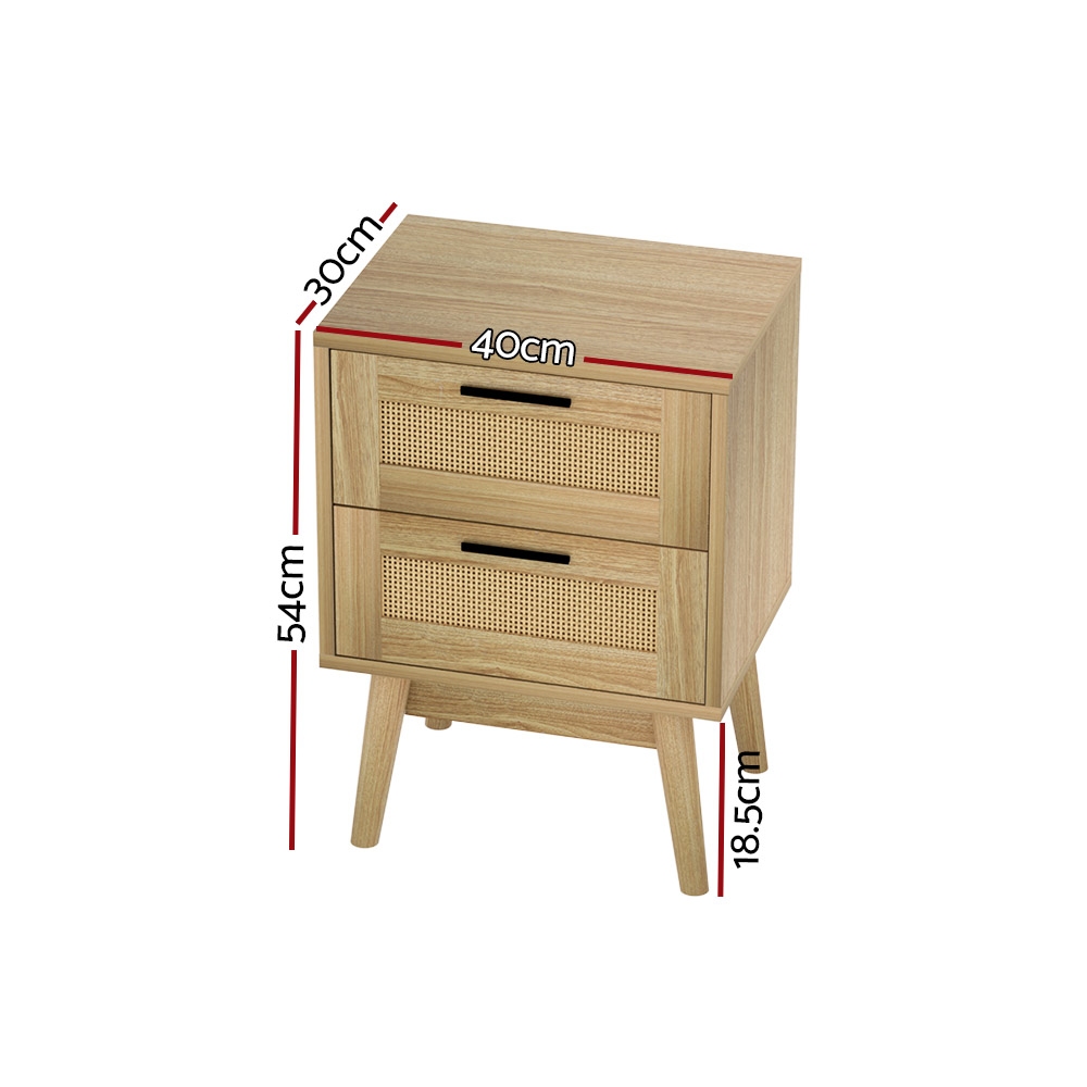 Artiss Rattan Bedside Table with 2 Wood Drawers, Oak view 2