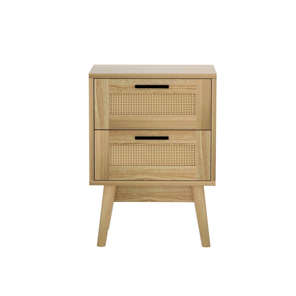 Artiss Rattan Bedside Table with 2 Wood Drawers, Oak view 3