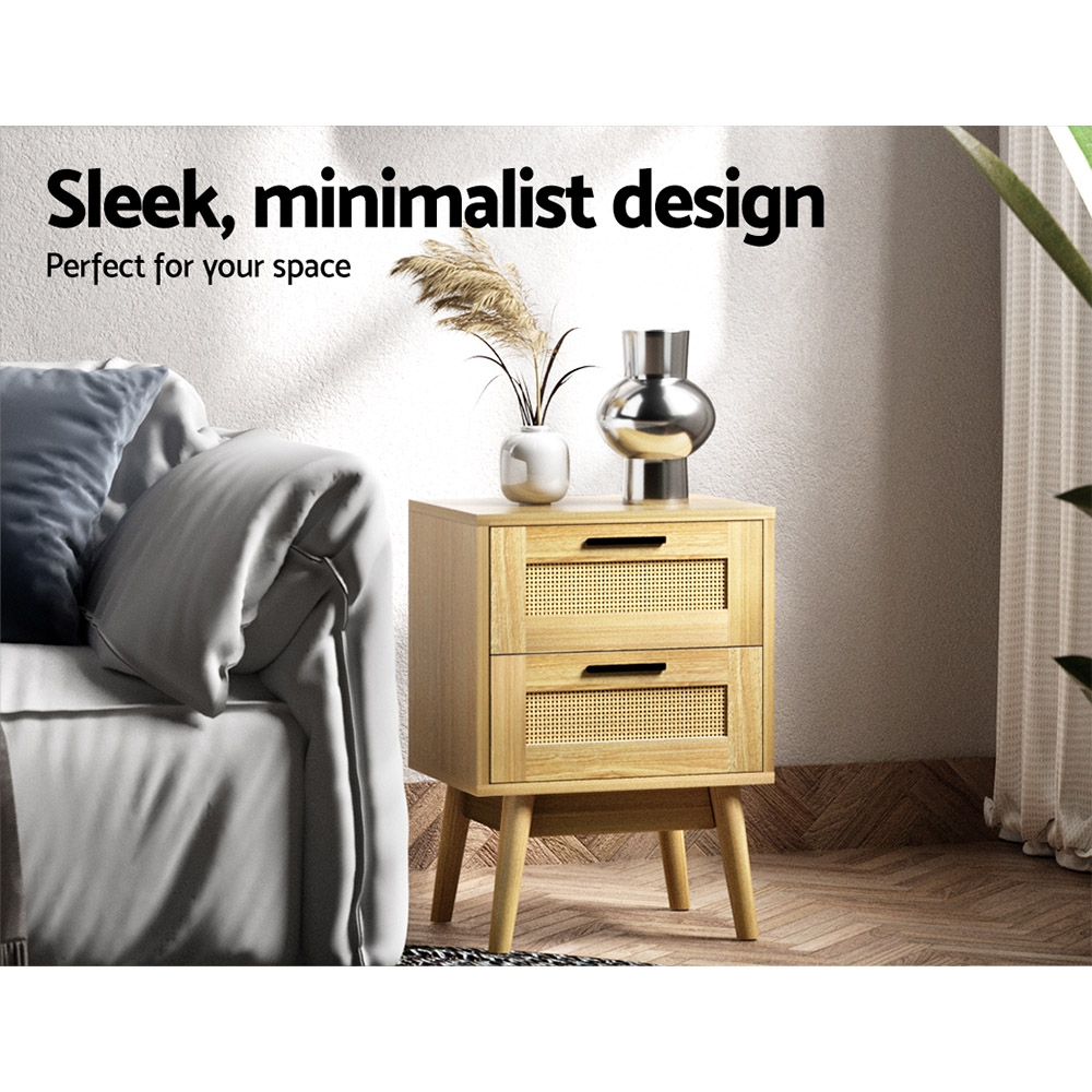 Artiss Rattan Bedside Table with 2 Wood Drawers, Oak view 4