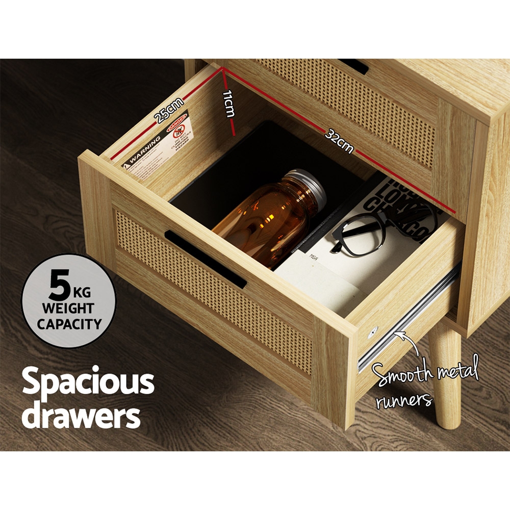 Artiss Rattan Bedside Table with 2 Wood Drawers, Oak view 5