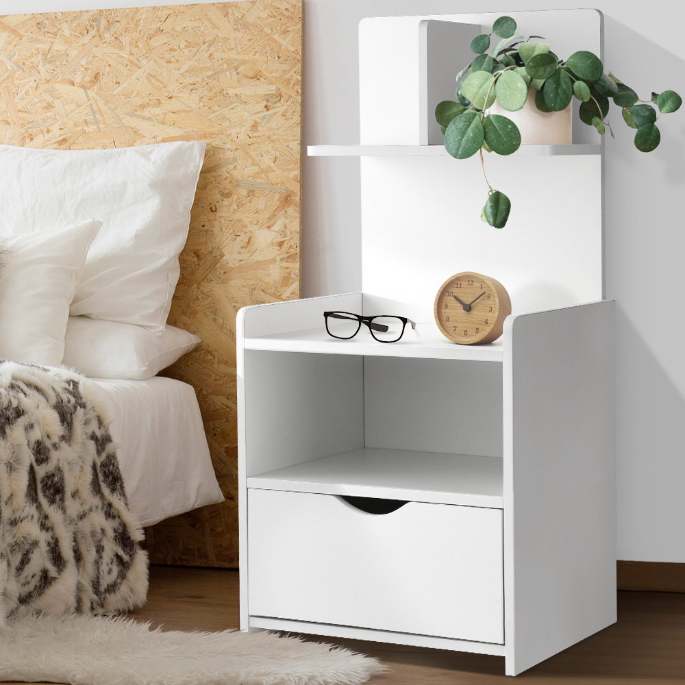 Artiss EVERMORE Bedside Table with Drawer and Shelves, White