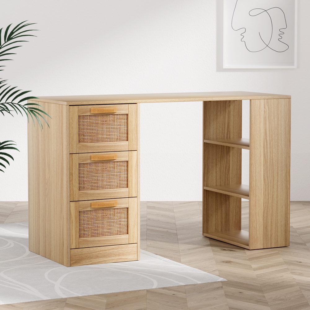 Artiss Rattan Computer Desk Drawer Shelf Oak 120cm