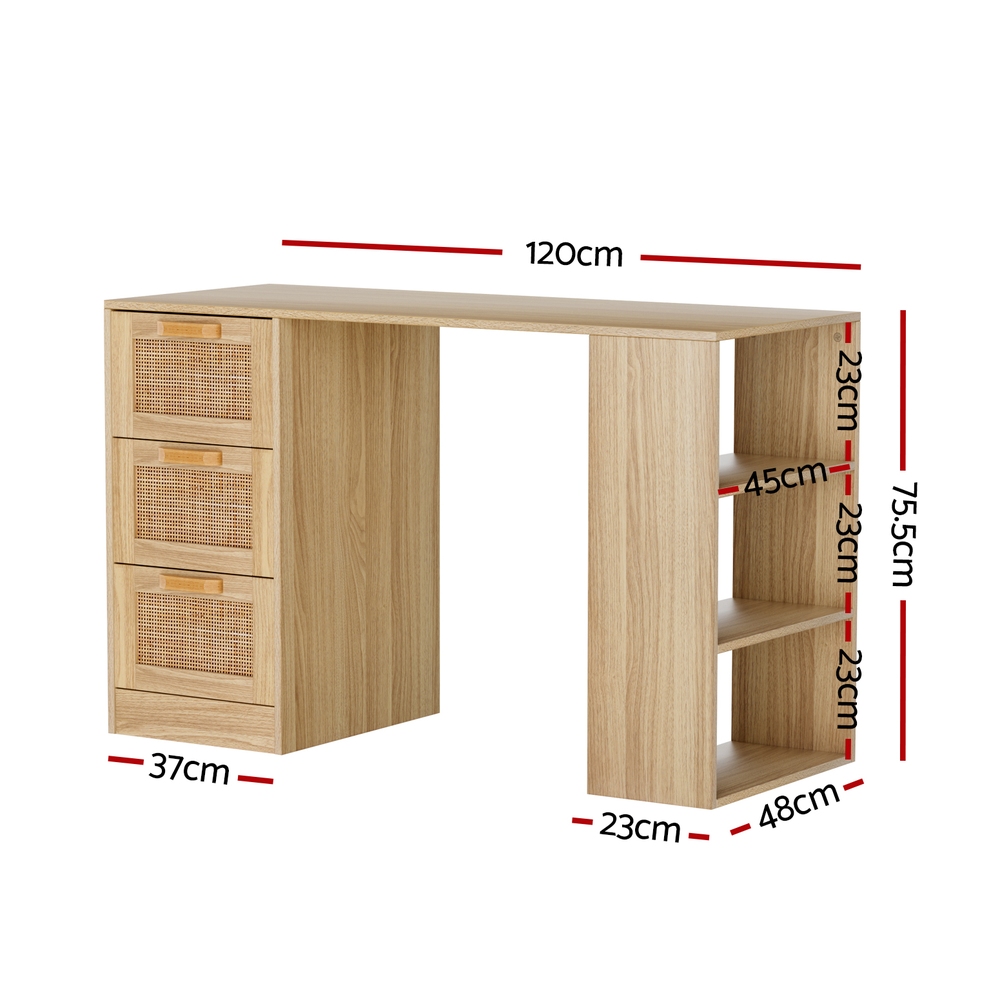 Artiss Rattan Computer Desk Drawer Shelf Oak 120cm view 2