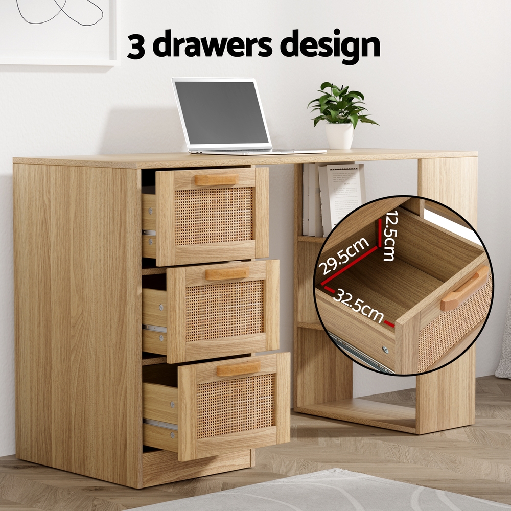 Artiss Rattan Computer Desk Drawer Shelf Oak 120cm view 4