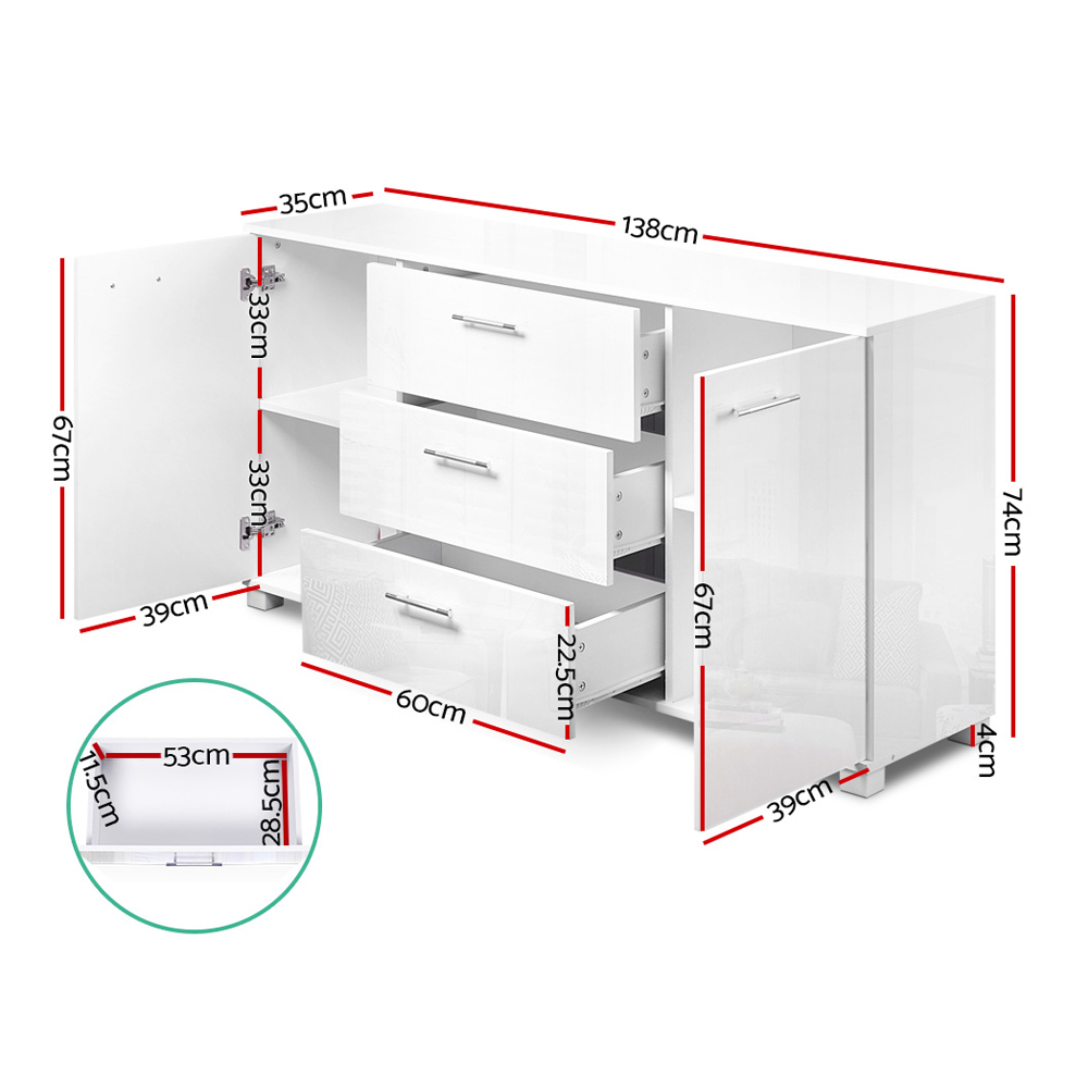 Artiss High Gloss Buffet Sideboard, White view 3