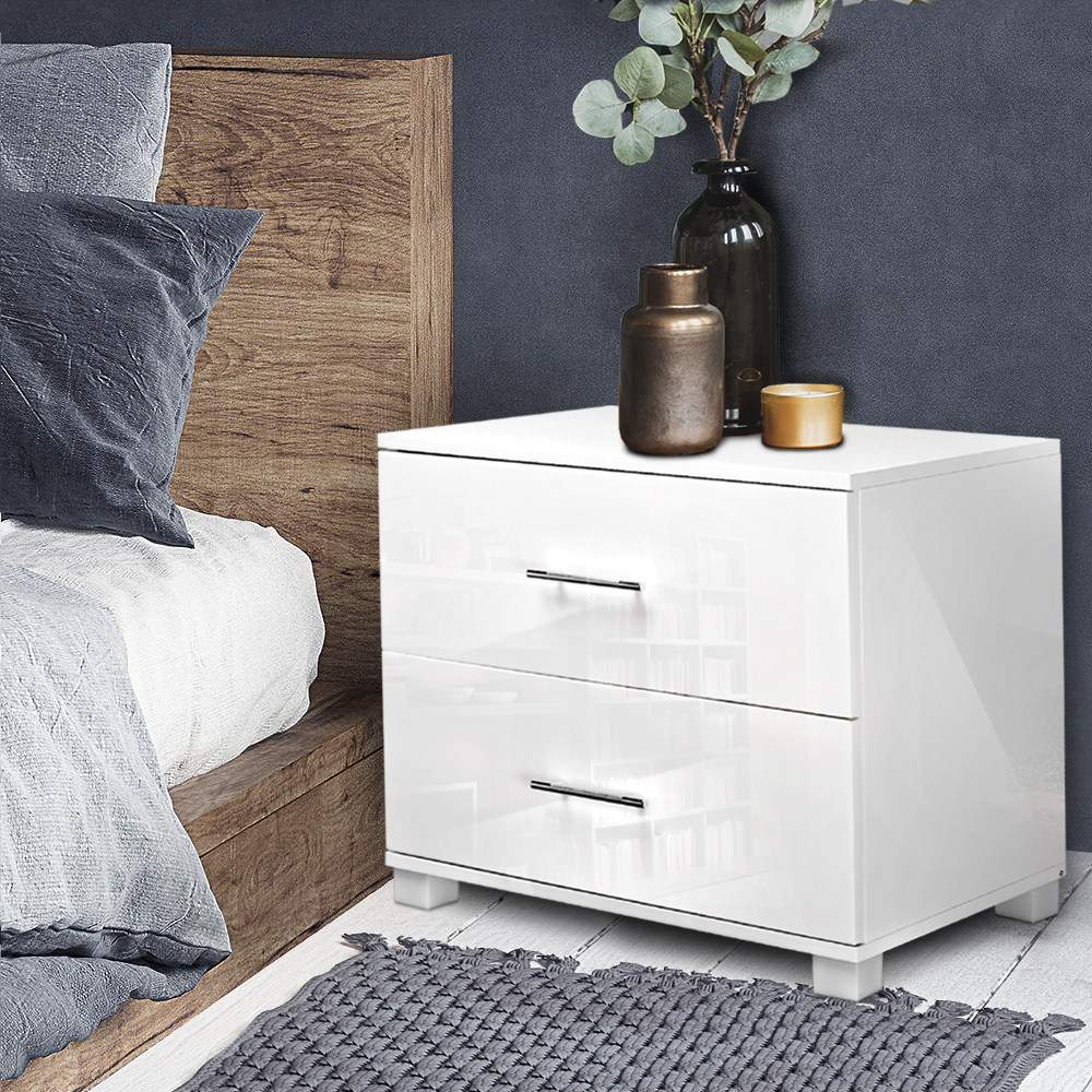Artiss High Gloss Bedside Table, 2 Drawers, White