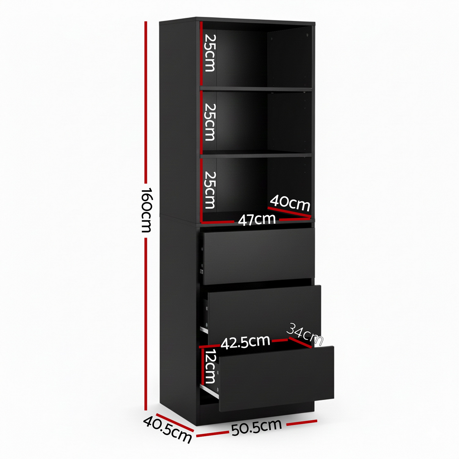 Artiss 3 Chest of Drawers Tallboy Cabinet, Black view 3