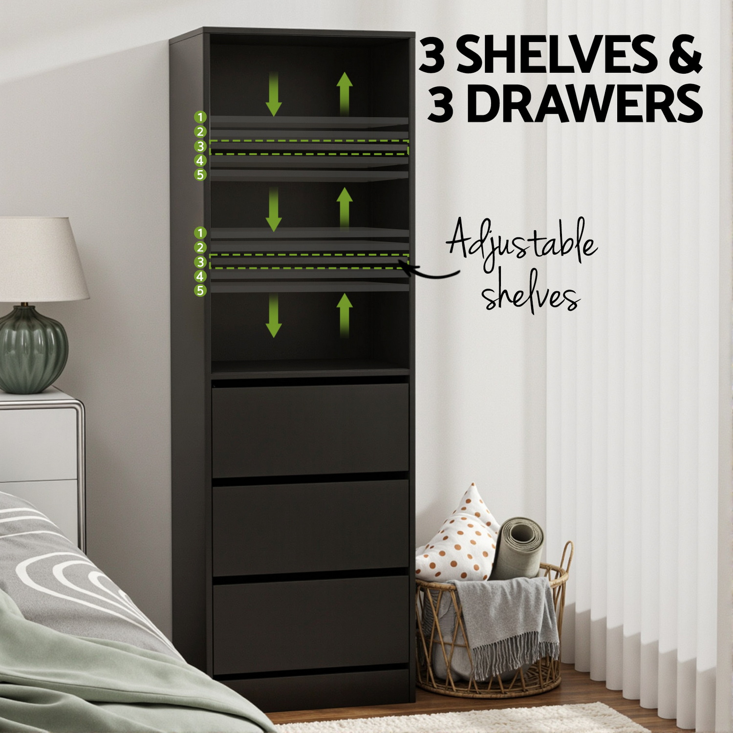 Artiss 3 Chest of Drawers Tallboy Cabinet, Black view 5