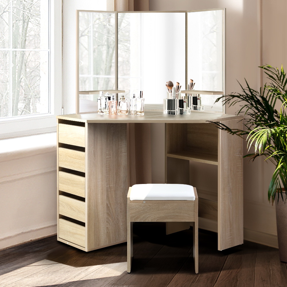 Artiss Corner Dressing Table Stool Set, 5 Drawers