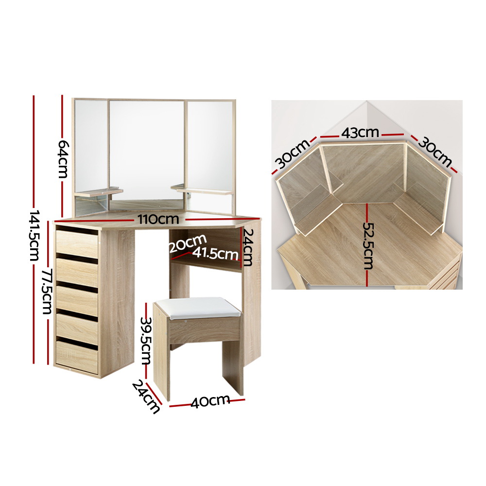 Artiss Corner Dressing Table Stool Set, 5 Drawers view 4